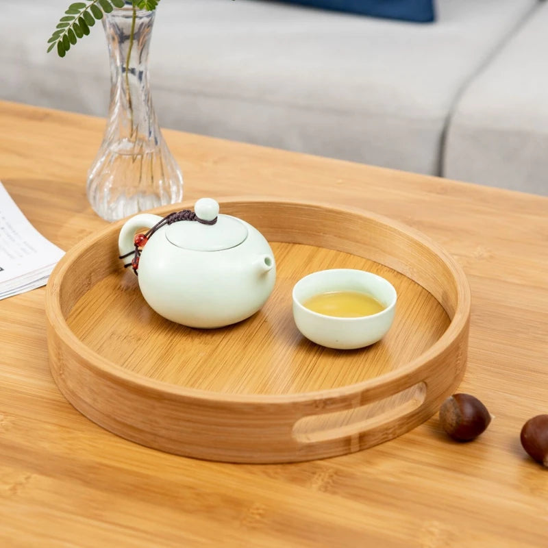 Wooden Round Serving Tray Decorative Bamboo Plate Tea Cup Food Dishes Storage Tray Drink Platter Plate Dinner Fruit Snack Trays